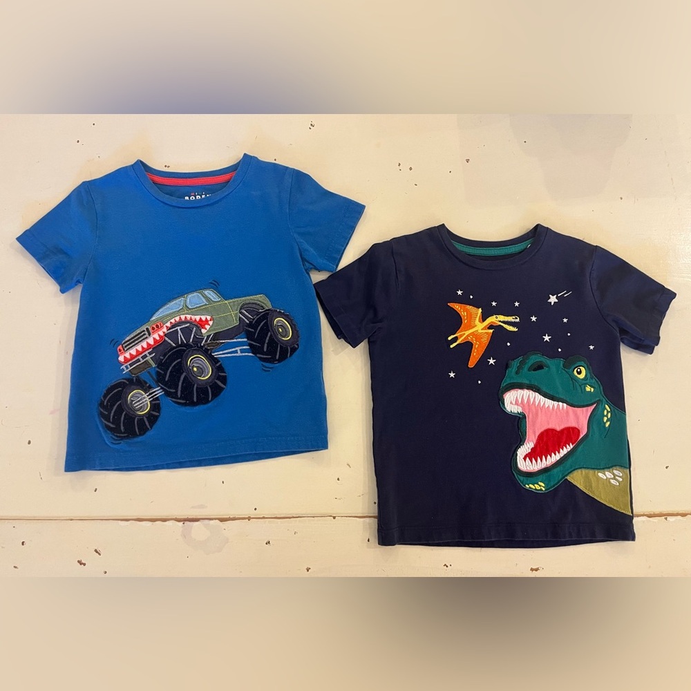 Mini Boden Appliqué Monster Truck and Dino T-Shirt Set